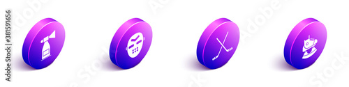 Set Isometric Air horn, Hockey mask, Ice hockey sticks and Skates icon. Vector.