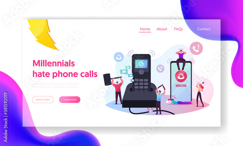 People Ignoring Incoming Calls Landing Page Template. Tiny Male Characters Destroying Huge Calling Telephone