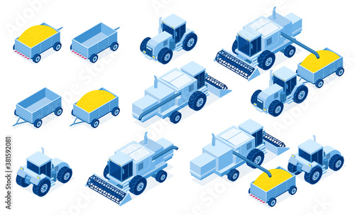 Isometric tractor machinery for grain and hay harvest, industrial and agricultural vehicles for farming works, 3d vector illustration set