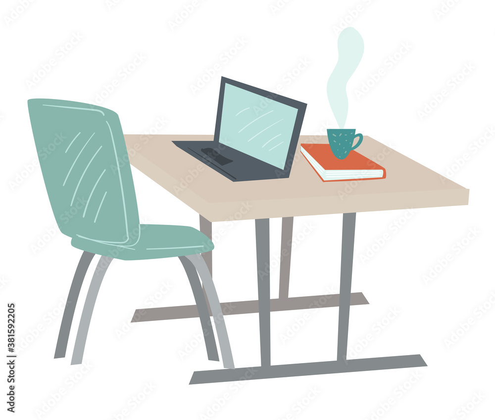 Fototapeta premium Simple office interior, table and laptop vector