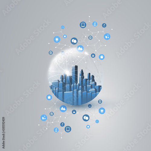 Futuristic Smart City, IoT and Cloud Computing Design Concept with Polygonal Mesh, Cluster and Nodes - Digital Network Connections, Technology Background