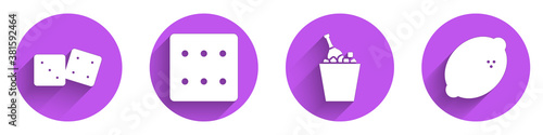 Set Game dice, Game dice, Champagne in an ice bucket and Casino slot machine with lemon icon with long shadow. Vector.