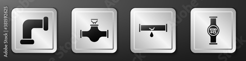 Set Industry metallic pipe, Industry pipe and valve, Broken pipe with leaking water and Water meter icon. Silver square button. Vector.