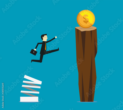 Businessman jumping from springboard to a dollar coin