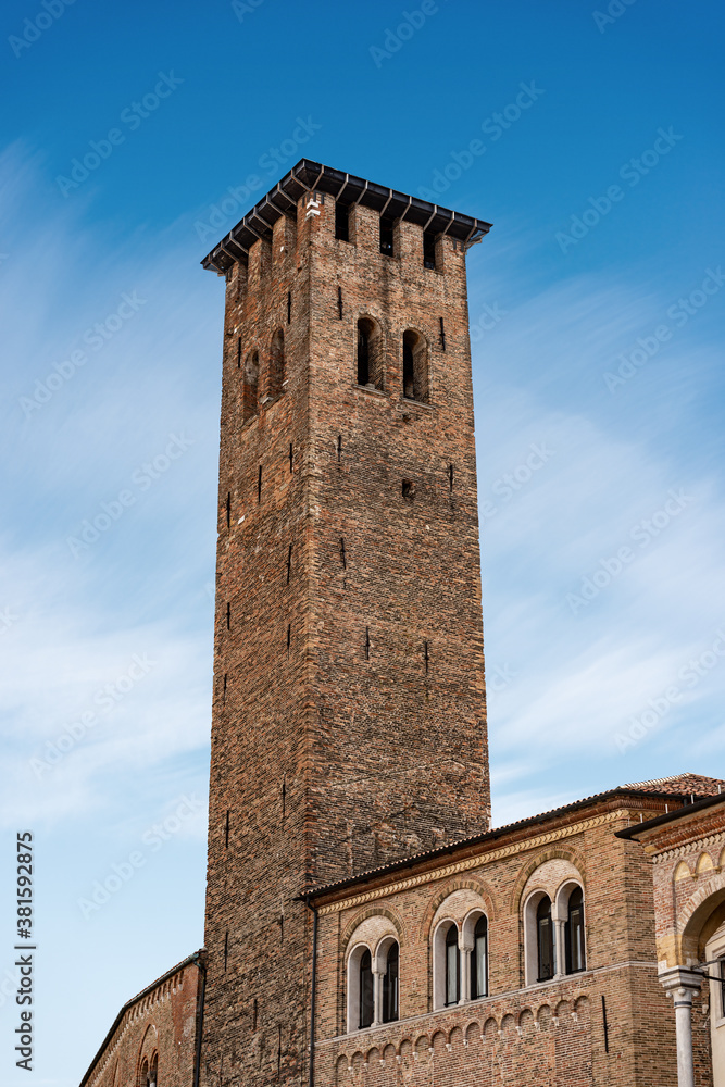 Torre degli Anziani (tower of the elderly), Medieval Civic Tower in Padua downtown (Padova, XII century), Piazza della Frutta, Veneto, Italy, Europe.