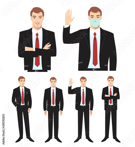 Character design - cartoon set of handsome businessman in a diverse poses.  Vector illustration of a cartoon of a handsome businessman with mask on the face.