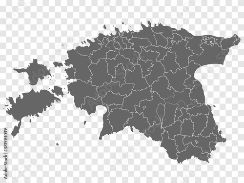 Blank map of Estonia. Departments and Districts of Estonia map. High detailed gray vector map of Estonia on transparent background for your design. EPS10. 