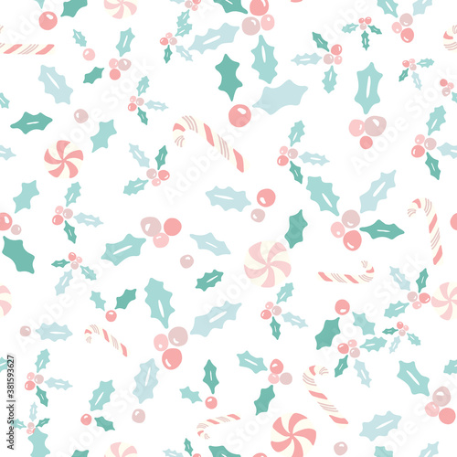 Vector Seamless Holly Candy Cane Christmas pattern