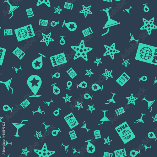 Set Starfish, Martini glass, Map pointer with star and Passport on seamless pattern. Vector.