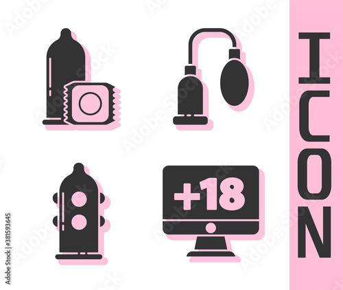 Set Monitor with 18 plus content, Condom, Condom and Penis pump icon. Vector.