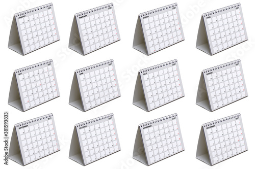 12 Months Gray colored Desk calendar isolated on white.