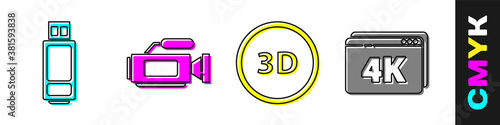 Set USB flash drive, Cinema camera, 3D word and Online play video with 4k icon. Vector.