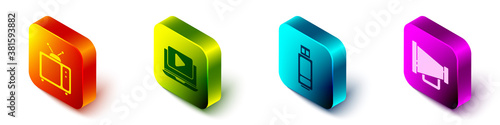 Set Isometric Retro tv, Online play video, USB flash drive and Megaphone icon. Vector.