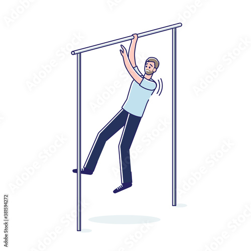 Tired man doing pullups on horizontal bar. Exhausted sweating cartoon guy working out