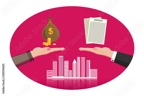 Two female, businesswoman hands in business suits with a bag of money, dollars. Vector horizontal