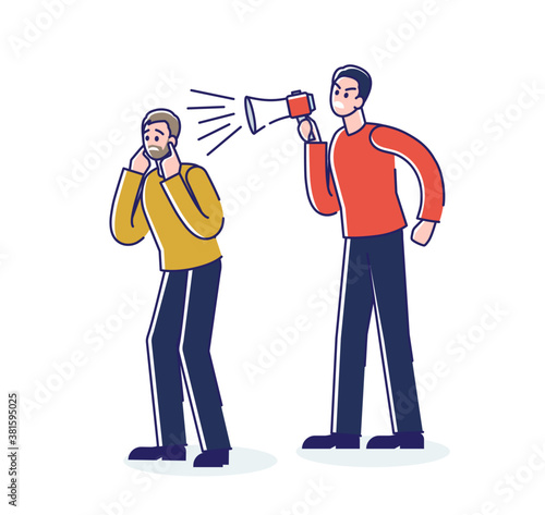 Angry boss screaming on employee with megaphone. Business man yelling at worker