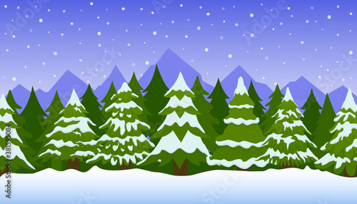 Winter landscape with fir trees in snow. Christmas background with snowy forest. Vector illustration.