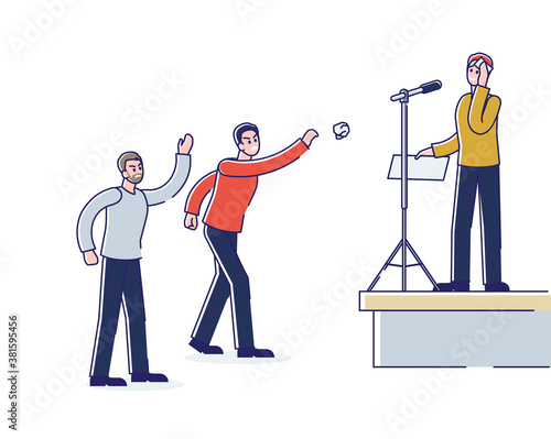 Nervous man speaking in public. Sweating cartoon male afraid of public performance