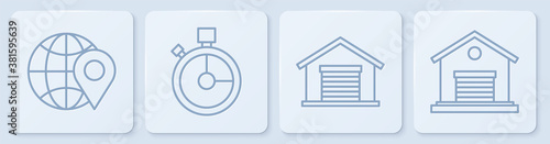 Set line Location on the globe, Warehouse, Fast time delivery and Warehouse. White square button. Vector.