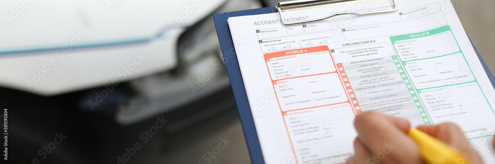 Agent draws up an insured event after car accident. Vehicle insurance concept Agent draws up an insured event after car accident. Vehicle insurance concept