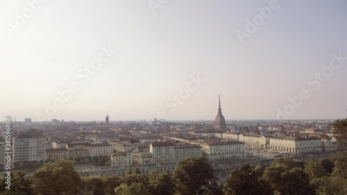 Turin, aerial skyline panorama with Mole Antonelliana clearly visible. Turin, Piedmont, Italy. 