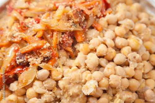 macro of cooked chickpeas and vegetable ragout