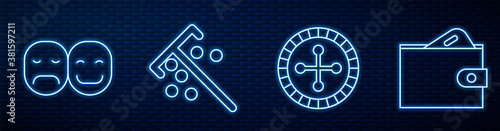 Set line Casino roulette wheel, Poker player, Stick for chips and Wallet with money. Glowing neon icon on brick wall. Vector.