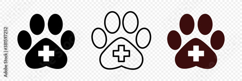 Pet first aid icon. Paw print dog or cat. Paws with a medical cross symbol. Vector illustration.