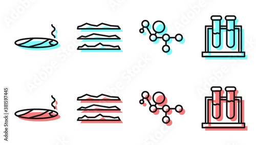 Set line Cannabis molecule, Cigar with smoke, Cocaine or heroin drug and Test tube and flask icon. Vector.