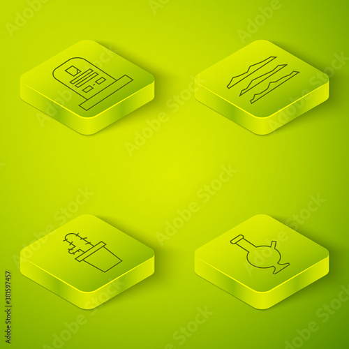 Set Isometric Cocaine or heroin drug, Cactus peyote in pot, Glass bong for smoking marijuana and Tombstone with RIP written icon. Vector.