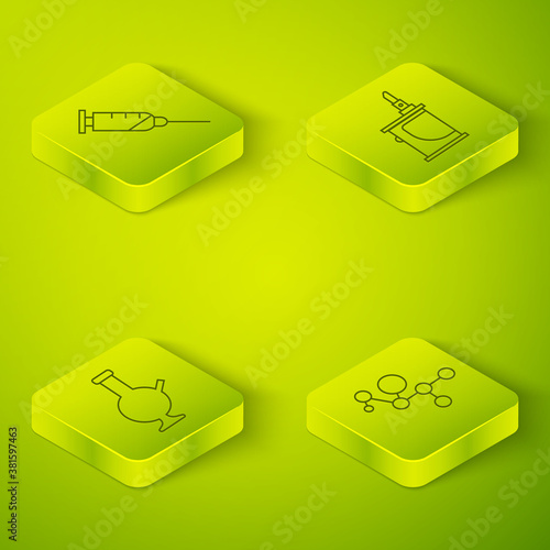 Set Isometric Electronic cigarette, Glass bong for smoking marijuana, Cannabis molecule and Syringe icon. Vector.