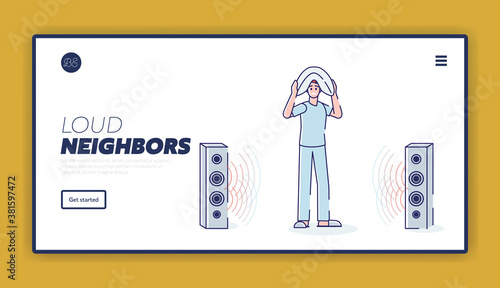 Sleepless man annoyed with loud music from neighbors concept of landing page
