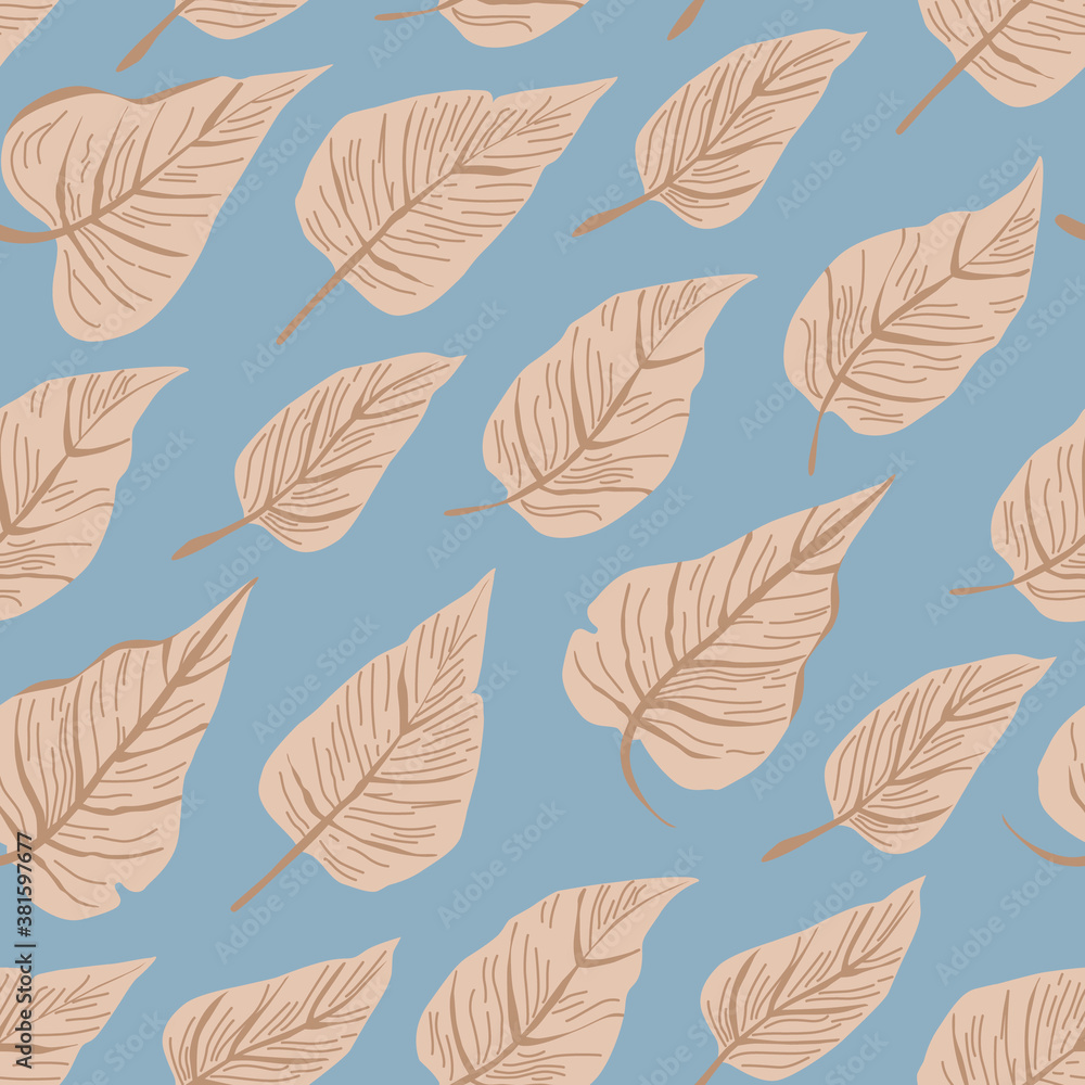 Seamless blue background with brown leaves. Vector image. Idea for wallpapers, textiles, fabrics, wrapping paper.