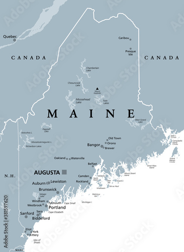 Maine, ME, gray political map with capital Augusta. Northernmost state in the United States of America, and located in the New England region. The Pine Tree State. Vacationland. Illustration. Vector. photo