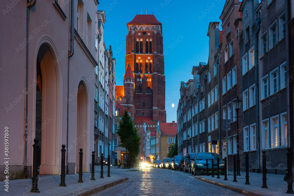 Architecture of St. Mary's Basilica in Gdansk at dusk, Poland