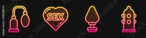 Set line Anal plug, Penis pump, Heart with text Sex and Condom. Glowing neon icon. Vector.
