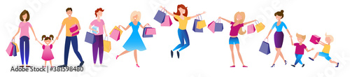 Set of happy people with a purchase. Sale. Shopping flat banner template. © Kati Kapik
