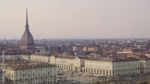 Turin, aerial skyline panorama with Mole Antonelliana clearly visible. Turin, Piedmont, Italy. 