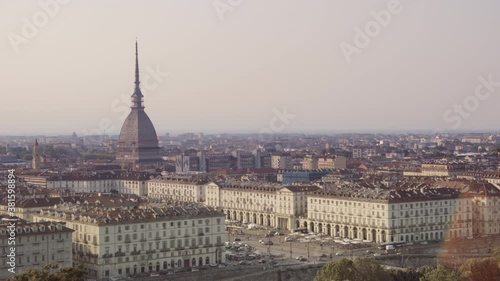 Turin, aerial skyline panorama with Mole Antonelliana clearly visible. Turin, Piedmont, Italy. 