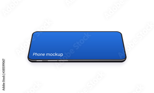 Horizontal phone mockup with blue empty screen isolated on white background. Realistic smartphone mobile concept for show your app and design, or video and social media. Vector illustration.