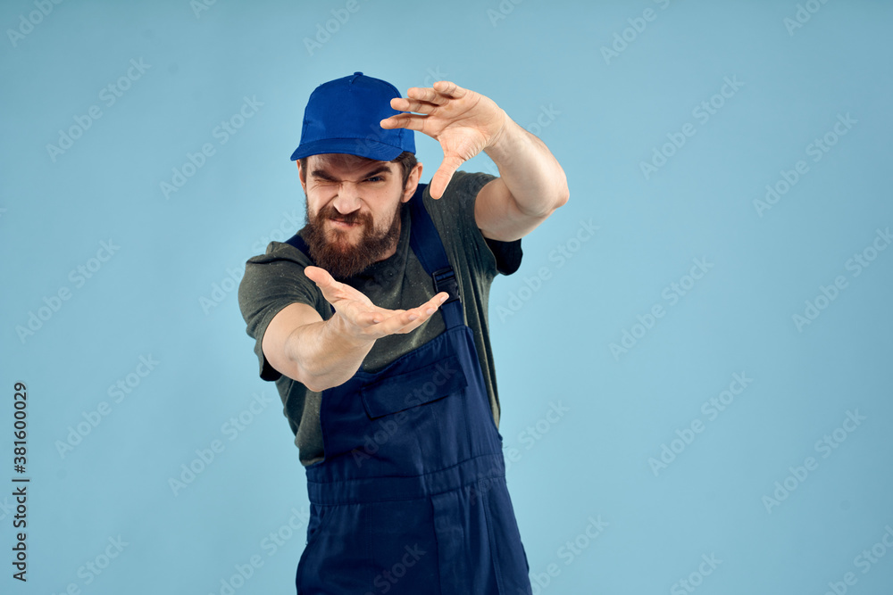 Man in working uniform emotions in life delivery service work Man in working uniform emotions in life delivery service work