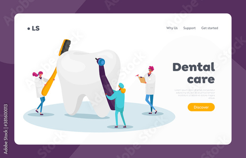 Dentistry Teeth Care Landing Page Template. Tiny Dentists Checking Huge Tooth for Caries Hole in Plaque, Stomatology