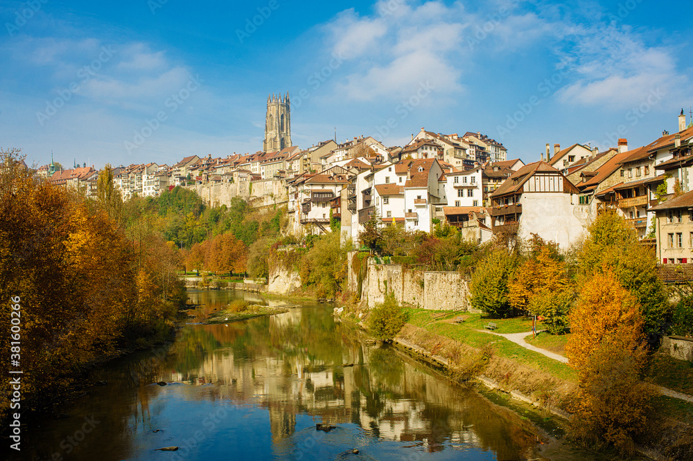 the cathedral and the district of l'Auge, seen from the Middle Bridge over the Sarine in Fribourg, Switzerland
