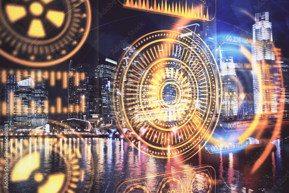 Double exposure of technology theme hologram and cityscape background. Concept of Hightech. Double exposure of technology theme hologram and cityscape background. Concept of Hightech.