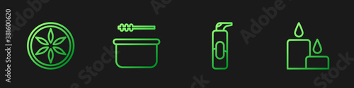 Set line Spray can for hairspray, Leaf plant nature, Sauna bucket and ladle and Burning candle. Gradient color icons. Vector.