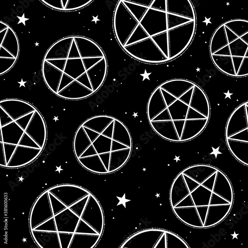 seamless pattern of pentagrams on black background