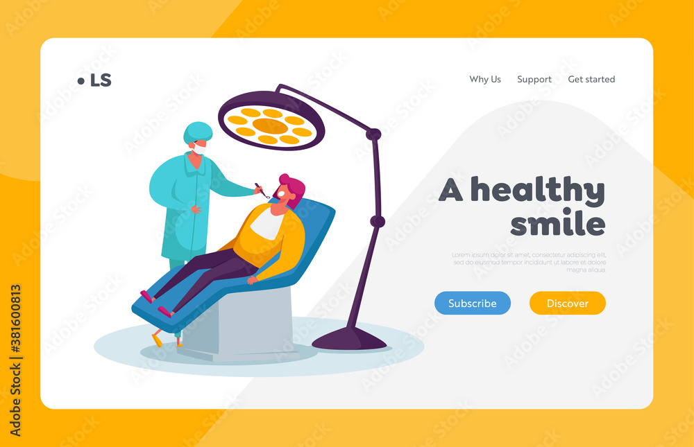 Woman in Medical Stomatologist Cabinet Landing Page Template. Doctor Dentist Character Conducting Health Check Up