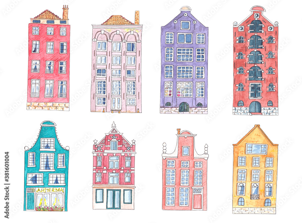 Hand painted watercolor illustrations of Amsterdam houses. Colorful architectural set.