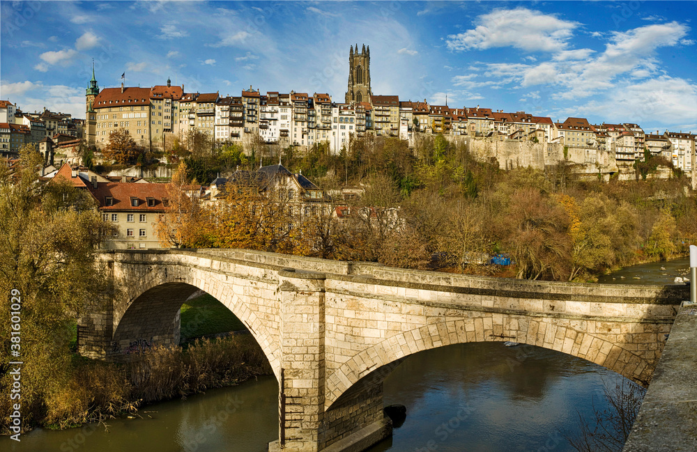 panoramic view of the old town of Fribourg, switzerland