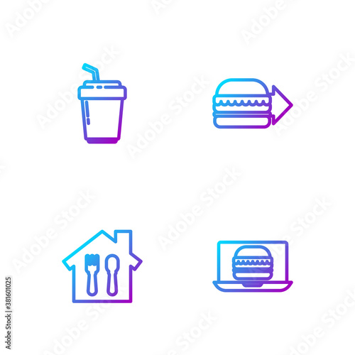 Set line Online ordering burger delivery, and, Coffee cup to go and . Gradient color icons. Vector.